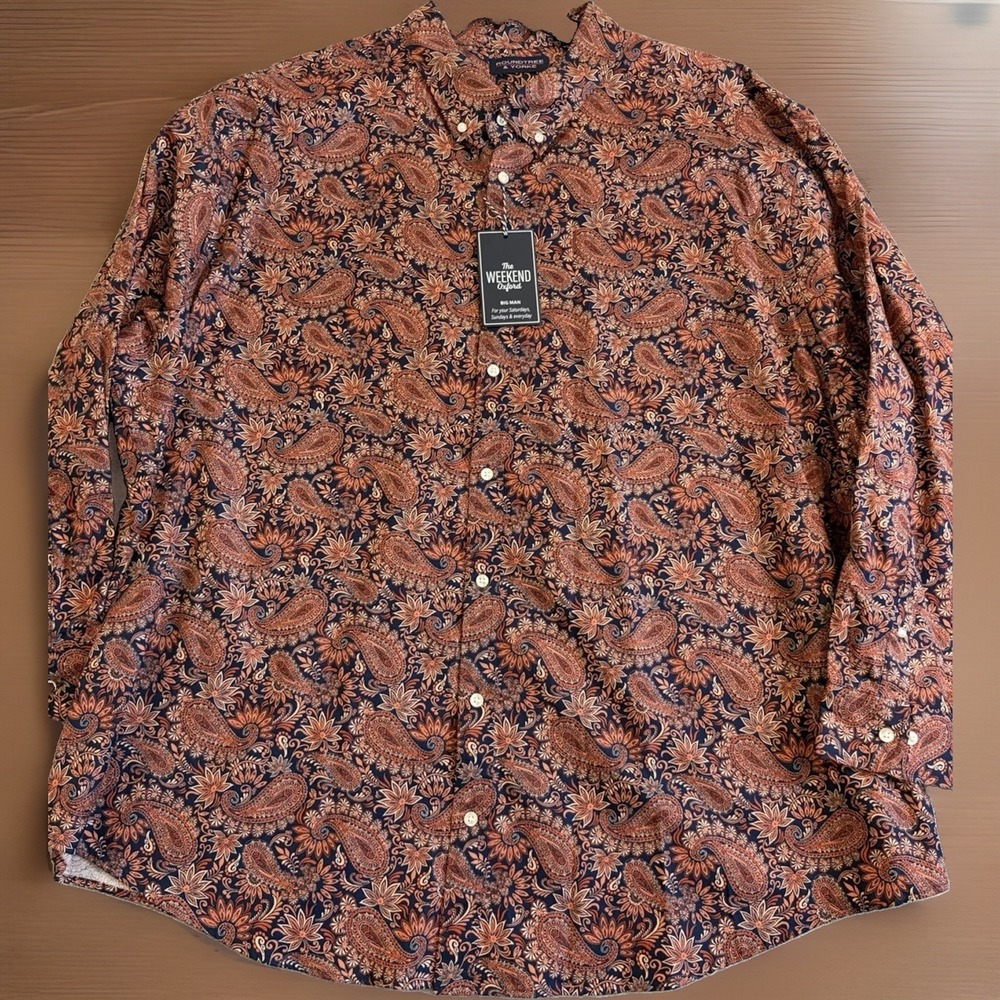 Roundtree & Yorke Men's Navy & Rust Paisley Button Down L/S Shirt Size 4XT NWT